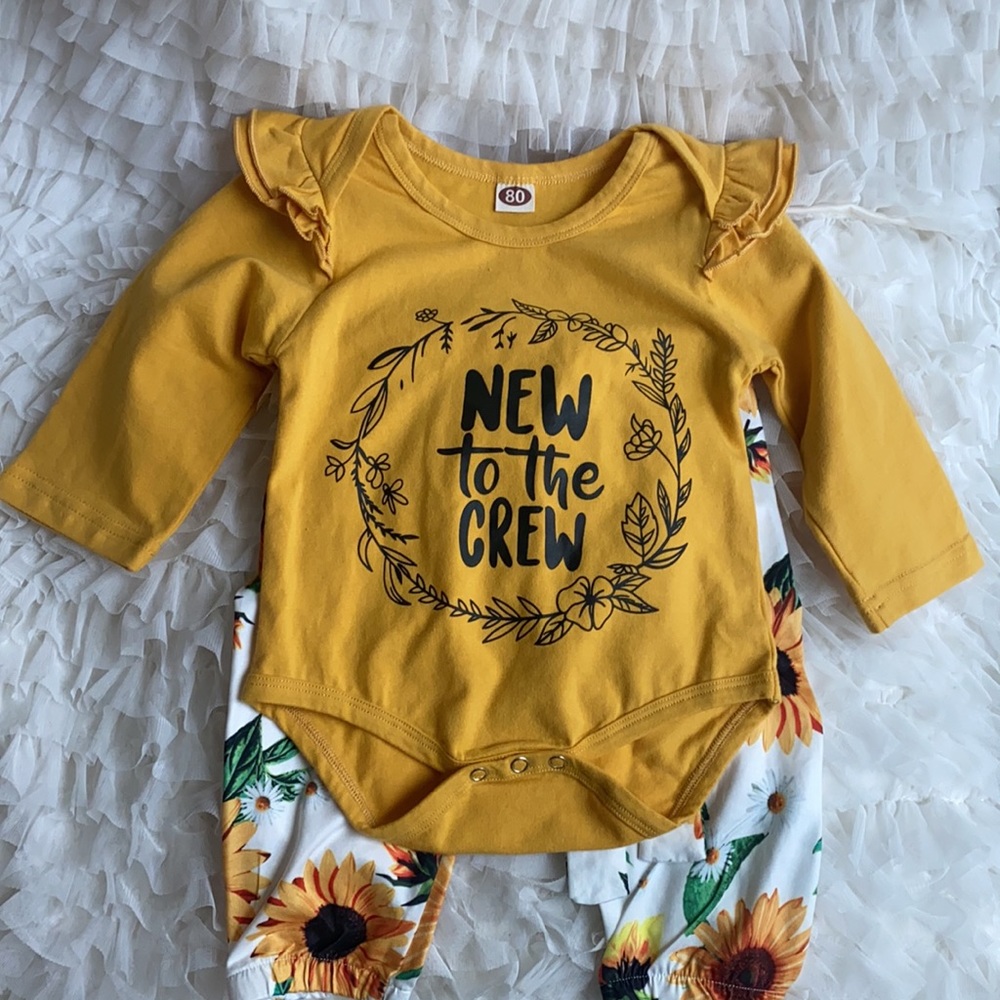 2 Piece Set: pants, long sleeve onesie, SUNFLOWER, new to the crew